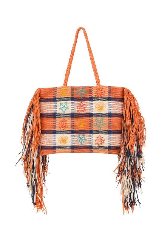 Geflochtene Bast-Strandtasche mit Karomuster, Meeresmotiven und Fransen - Taschen