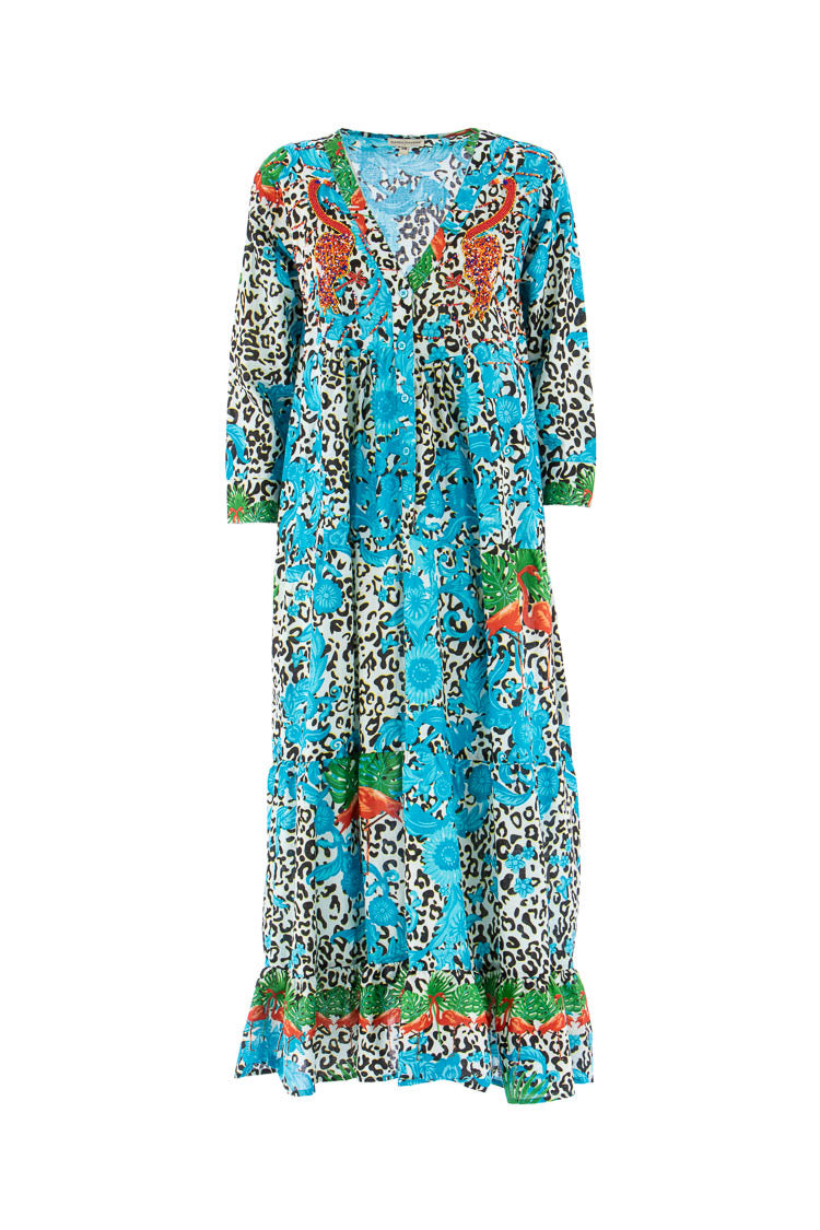 Maxikleid mit tropischem Print und Animal-Details in Türkis - Kleid