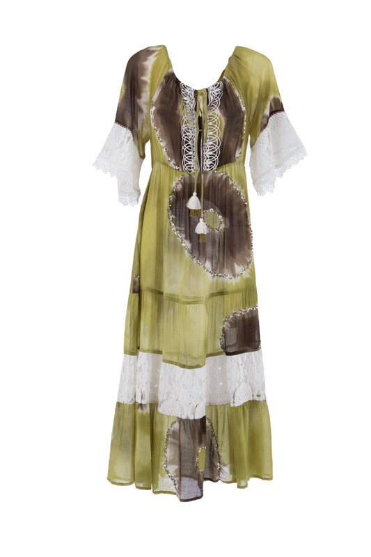 Boho Maxikleid in Grün-Braun mit Batikmuster und Spitze - Kleid