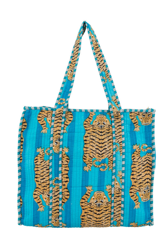 Große Baumwolltasche mit Tiger-Print in Türkis - Taschen