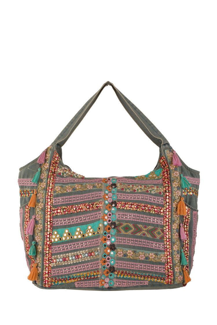 Denim Jacke mit bunter Perlenstickerei und Quasten – Boho Festival Jeansjacke