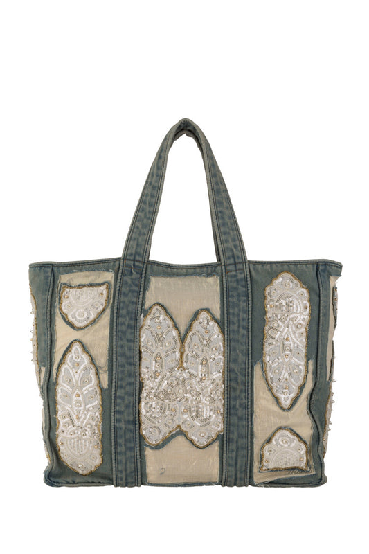 Boho Tote Bag aus Denim mit aufwendigen Perlenstickereien – Große Shopper Tasche mit orientalischen Applikationen - Taschen