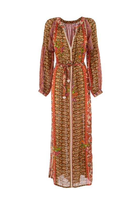 Maxikleid mit orientalischem Print und Stickereien in Braun-Rot - Kleid