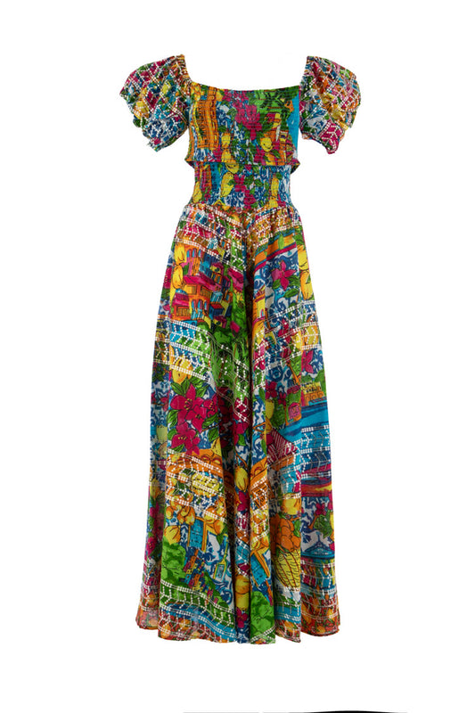 Zweiteiler mit buntem Italien-Print: Off-Shoulder Crop Top & Palazzo Hose