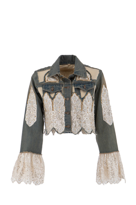 Boho Denim Jacke mit Spitze und Perlenstickerei – Cropped Jeansjacke mit Trompetenärmeln