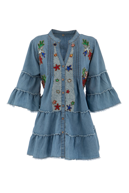 Boho Denim Tunika mit bunter Perlenstickerei und Volantärmeln - Tunika