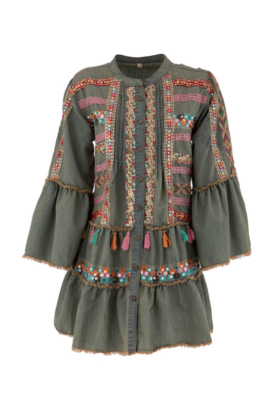 Boho Denim Tunika mit bunter Perlenstickerei und Volantärmeln - Tunika