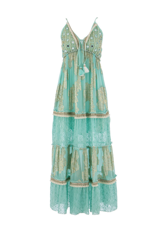 Türkisfarbenes Maxikleid mit goldenen Stickereien und Spiegel-Details - Kleid
