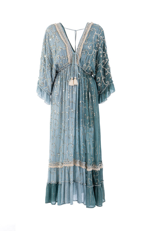 Maxikleid in Petrol mit goldenen Pailletten und Häkelspitze - Kleid