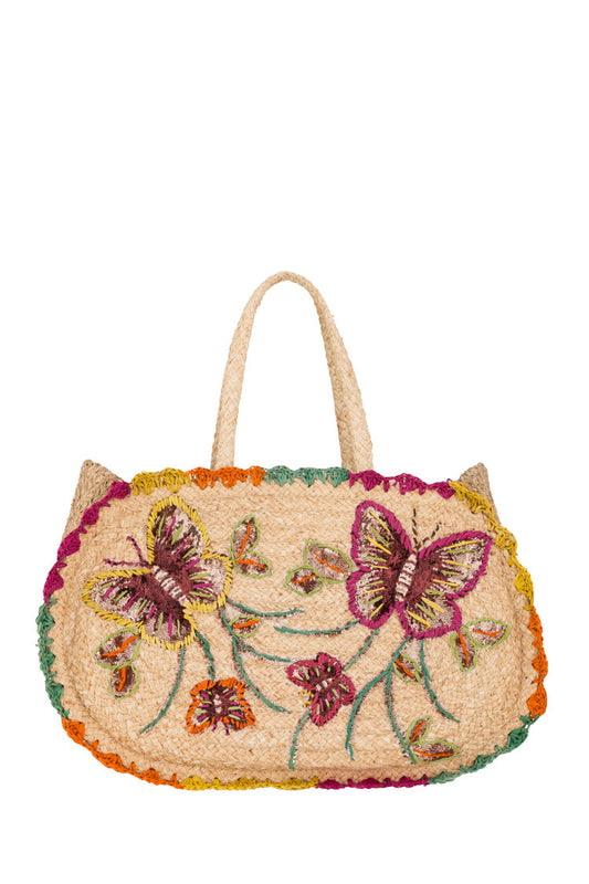 Handgefertigte Strohtasche mit bunter Schmetterlingsstickerei XL - Taschen