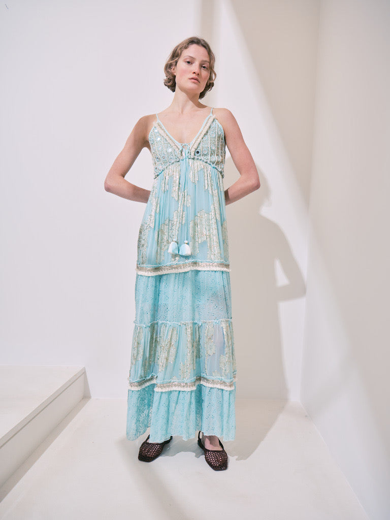 Türkisfarbenes Maxikleid mit goldenen Stickereien und Spiegel-Details - Kleid