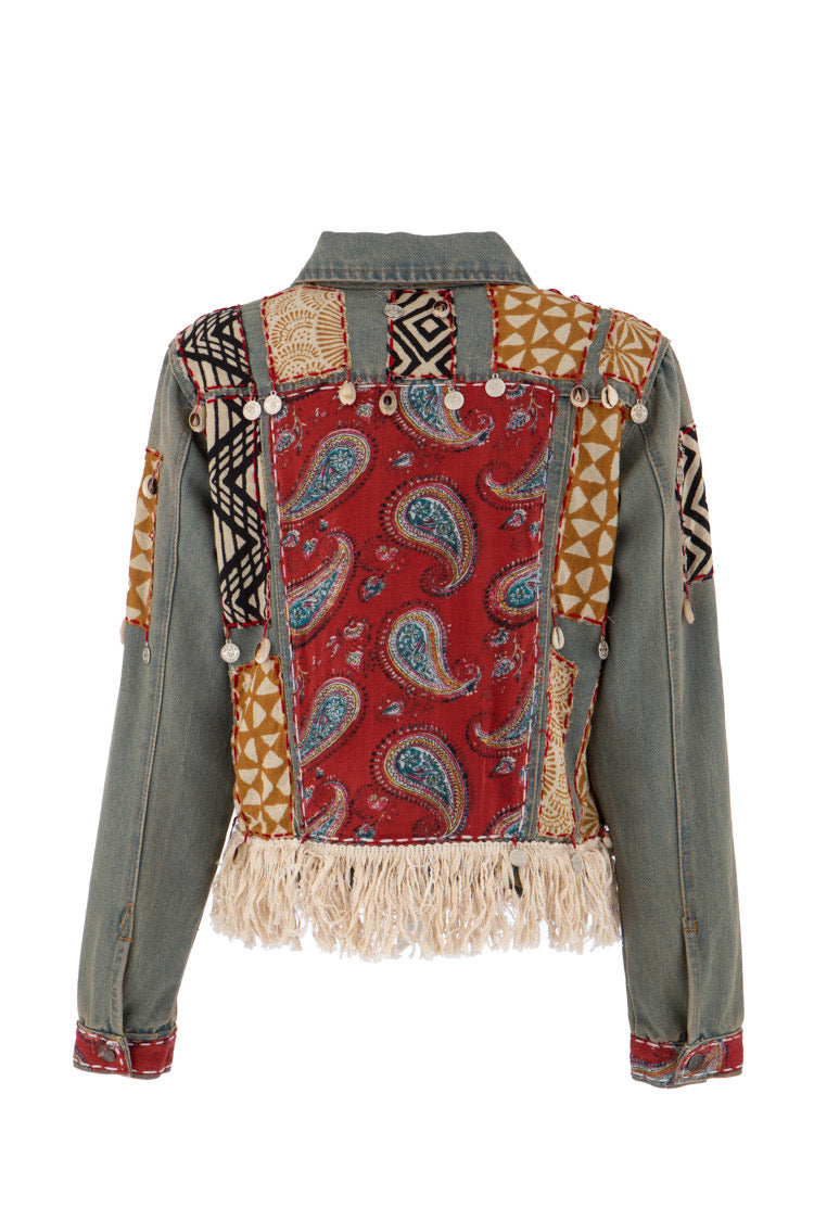 Boho Denim Jacke mit Patchwork und Fransen