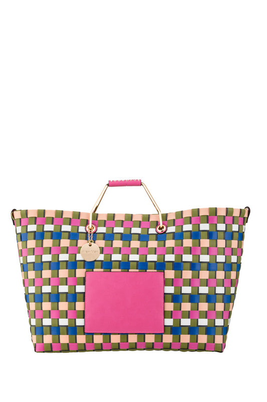 Große bunte Shopper-Tasche im Flecht-Design mit pinkem Frontfach - Taschen