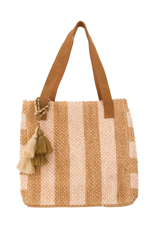 Gestreifte Shopper-Tasche aus Naturmaterial mit Quasten - Taschen