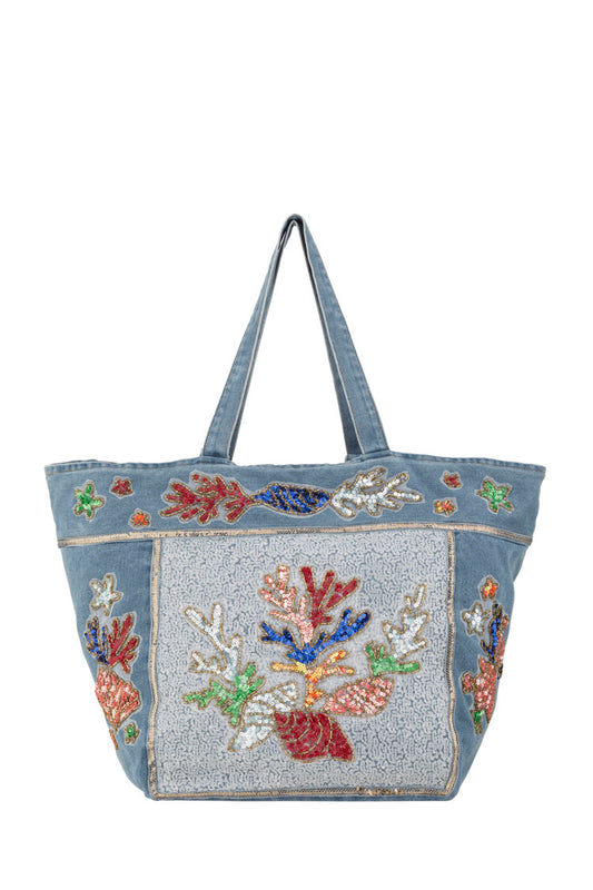 Denim Shopper mit bunter Meeresstickerei – Große bestickte Jeans Tote Bag - Taschen