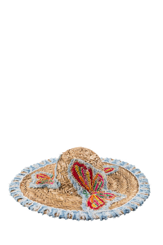 Sommerlicher Strohhut mit bunten Schmetterlingsstickereien und Fransenrand