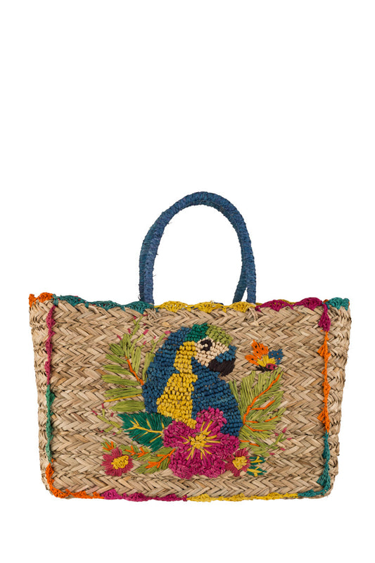 Geflochtene Korbtasche mit Papageien-Stickerei - Taschen