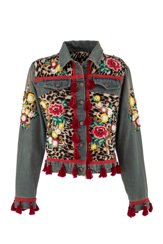 Bestickte Denim Jacke mit Quasten