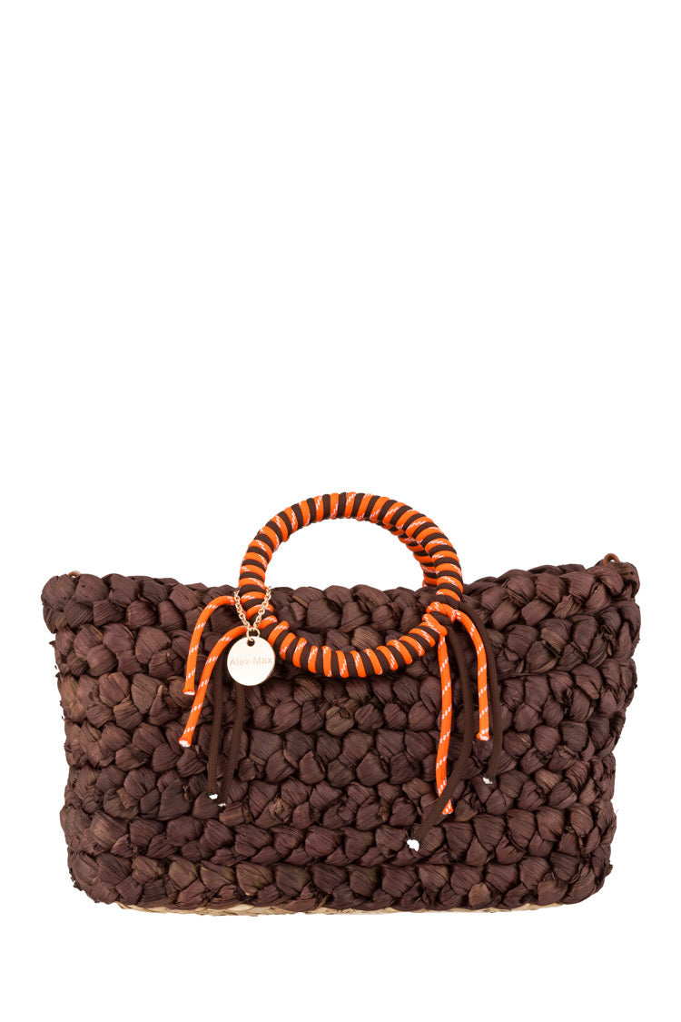 Geflochtene Shopper Bag Braun mit runden Griffen und orangefarbenen Details - Taschen