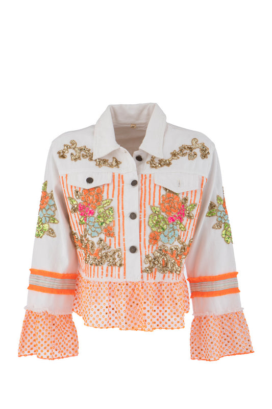 Weiße Jacke mit floraler Paillettenstickerei und neonorangen Details – Boho Chic Statement Jacke