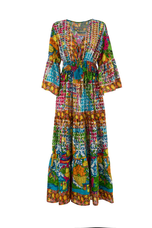 Maxikleid mit buntem Sizilien-Print und blauen Quasten im Boho-Stil - Kleid