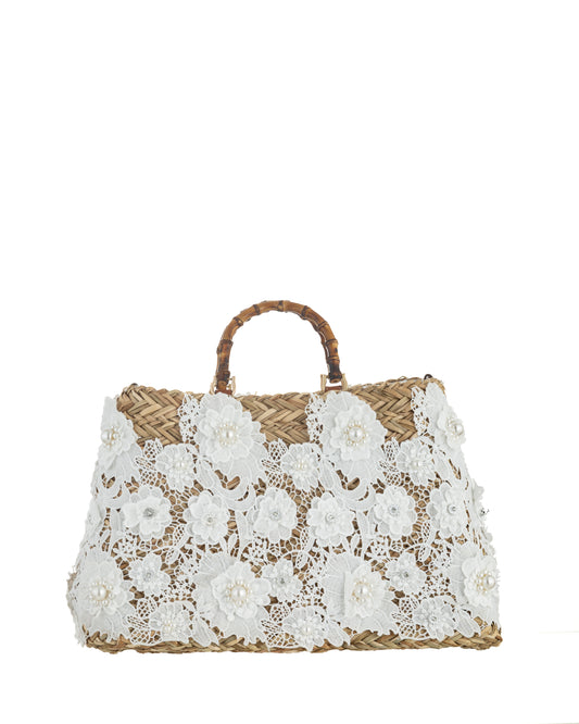 Elegante Korbtasche mit Spitzenapplikation und Perlen - Taschen